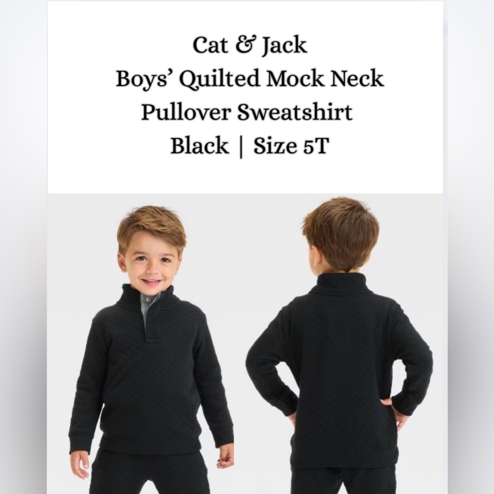 Cat & Jack Boys’ Quilted Mock Neck Pullover Sweatshirt | Black | Size 5T
